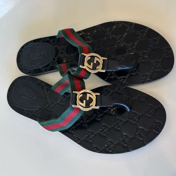 Gucci Interlocking GG Thong Sandals EU 39 US 9 Black Monogram Flat Flip Flop - Picture 2 of 7